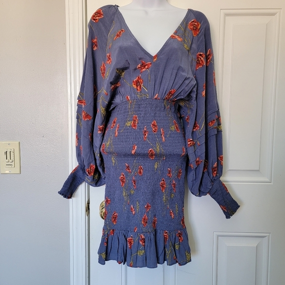 ASTR The Label Blue Floral Dress Ballon Dolman Sleeves Ruched Skirt Size S - Picture 2 of 13